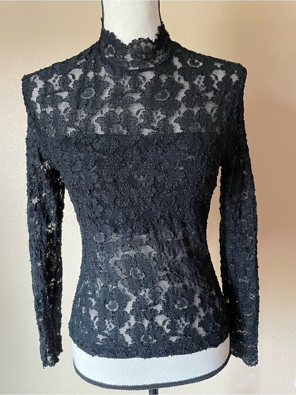 Vintage 90s Black Floral Lace Mock Neck Top - Made in USA - Sheer long sleeve S